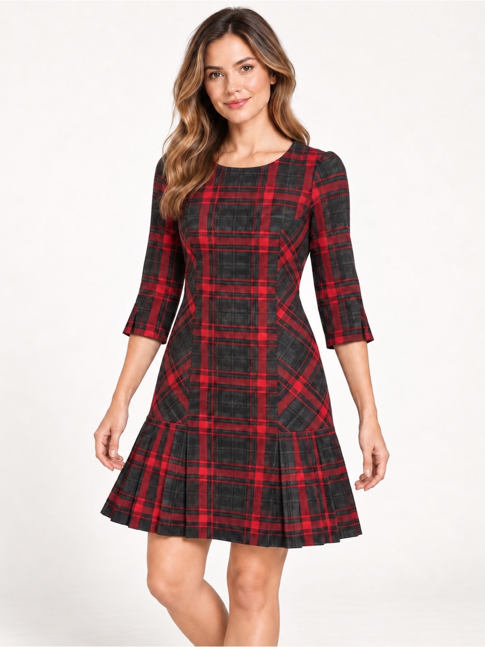 Tahari ASL Red Black Tartan Plaid Pleated Drop Waist 3/4 Sleeve Dress Size 4